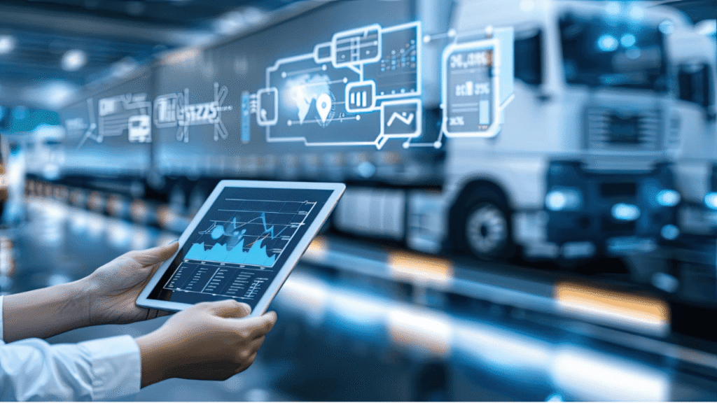 shows a person holding the tab and looking at the metrics of vehicle location